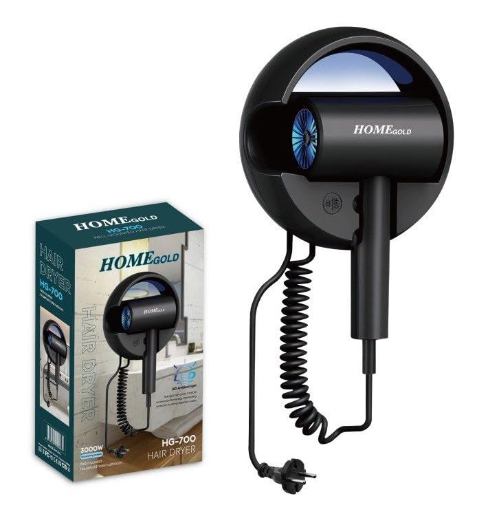 HG-700 Ionic Wall Hair Dryer, High Power, High Speed AC Motor, Heat Protection, Low Noise, Easy to Install