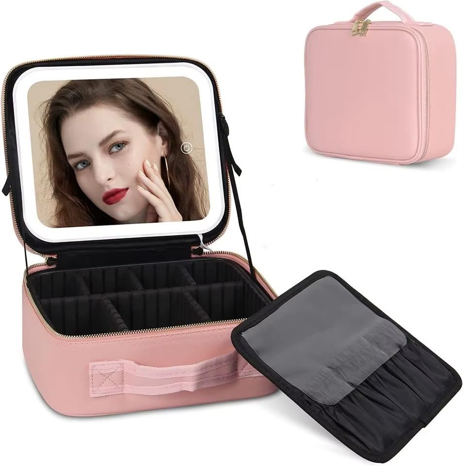 [B0G3XLJJ8T] Portable Makeup Case with Illuminated LED Mirror, Cosmetic Case with Tool Organizer, Professional Travel Case with Brush Holder and Storage Compartments