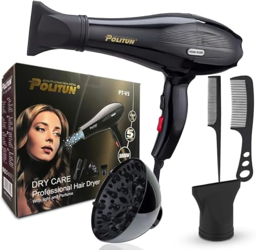 [B0FM7WR5TT] Hair Dryer Professional - 5000 Watts, Fast Drying, Salon Smooth, Powerful Motor, 3 Temperature Settings, 2 Speeds, Detachable Air Concentrator, with 2 attachment, PT- V5
