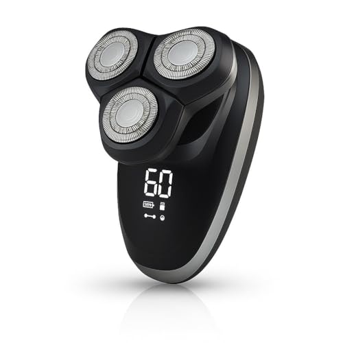 [B0GGTZ95JQ] KM-T377 Electric Facial Shaver, Digital Display, Waterproof, 3 Rotating Heads, Black