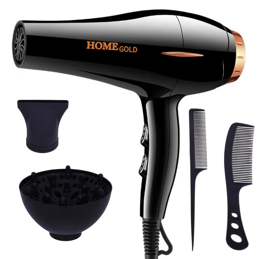 Home Gold Professional Hair Dryer Black 3000W With 2 Combs And Heat Condenser And Curly Diffuser