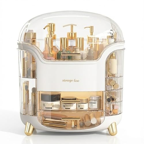 Luxury Large Capacity Makeup Organizer - Waterproof and Dustproof Cosmetic Storage Box with Clear Lid and Rotating Side Drawers - Perfect for Bathroom, Bedroom, Dressing Table