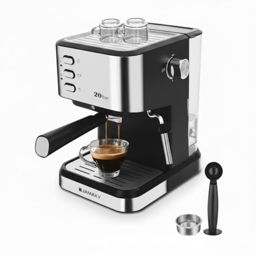 Coffee and Espresso Machine, 1200W JMK9009, 20 Bar Pump, 1.5L Tank, Manual Control, with Milk Steaming Wand for Cappuccino
