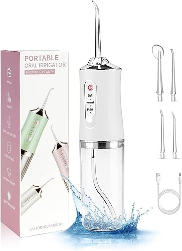 [B0DKKV6N4W] Wireless Oral Irrigator, Cordless Water Dental Floss for Teeth with 3 Modes & 4 Replacement Nozzles, Interdental Cleaner Rechargeable with Removable 230 ml Water Tank for Home, Travel, Shower (White)
