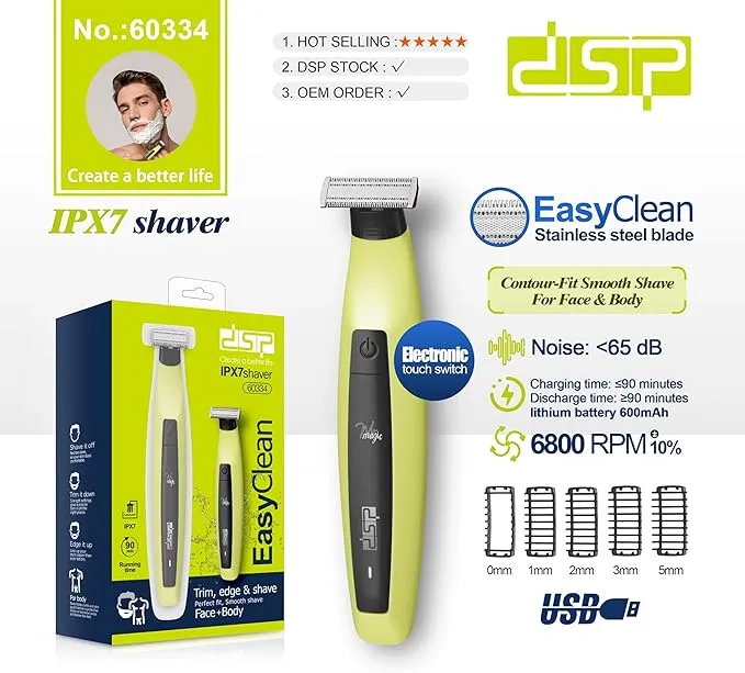 [B0GKMR7LMZ] IPX7 Waterproof Electric Shaver 5 Guide dsp 60334 Combs Stainless Steel Blade