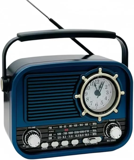 راديو كلاسيكي محمول RX-366C مع مشغل موسيقى، 3 نطاقات FM/AM/SW، بلوتوث، USB/TF، ساعة، بطارية قابلة لإعادة الشحن، مكبر صوت مدمج