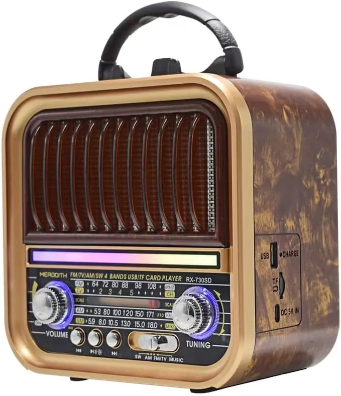 RX-720D Retro Radio with Bluetooth, USB/TF Player, Disco Lighting, TWS Stereo Sound, 4 Band FM/AM/SW, Rechargeable Battery, 5W Speaker, Type-C Charging