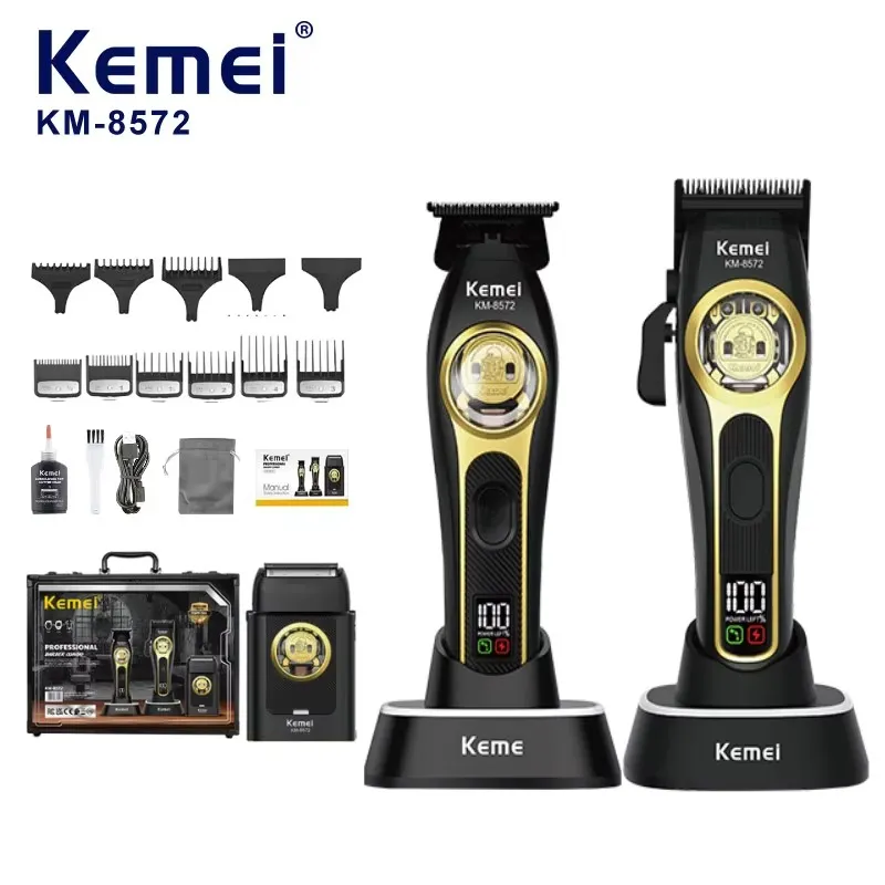 Kemei Max Km-8572 Pro Luxury Plastic Packed Professional Barber Clipper Box Cordless Trimmer 3in1 Set with Electric Dock